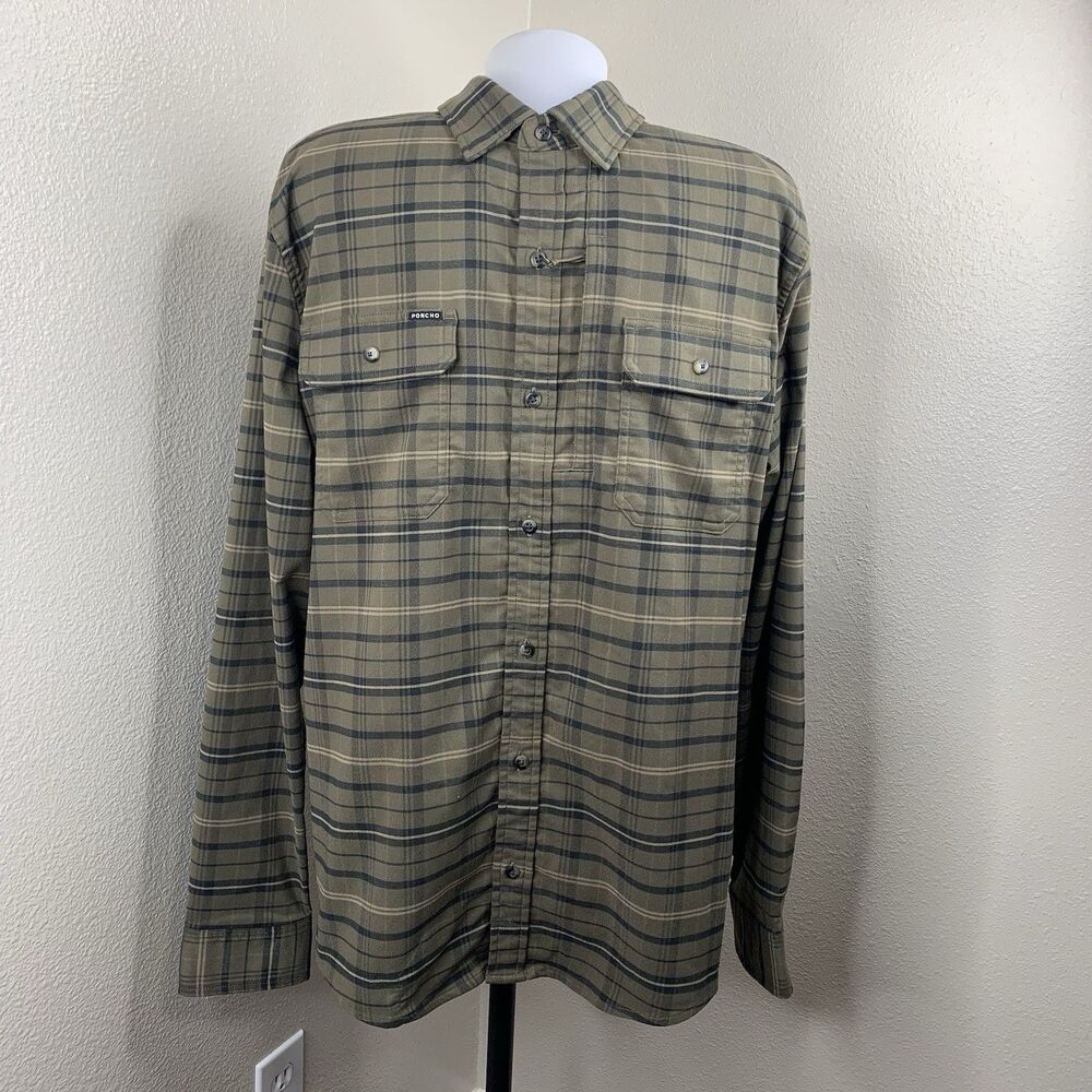 Poncho Slim Fit Sz L Men’s Magnetic Pocket Plaid Shirt Green Brown Button L/S